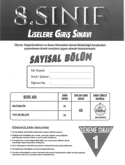 LİSELERE GİRİŞ SINAVI SAYISAL BÖLÜM DENEME SINAVI Zeta Fotokopi