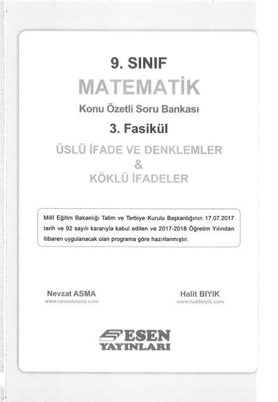 MATEMATİK KONU ÖZETLİ SORU BANKASI 3. FASİKÜL ÜSLÜ İFADE VE DENKLEMLER & KÖKLÜ İFADELER Zeta Fotokopi