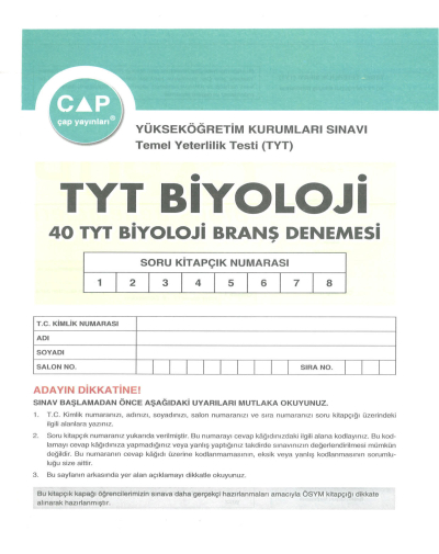 TYT Biyoloji 40 x 6 Up Deneme Zeta Fotokopi