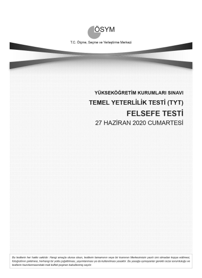 FELSEFE SON 11 YIL ÇIKMIŞ SORULAR (TYT) (2020 DAHİL) Zeta Fotokopi
