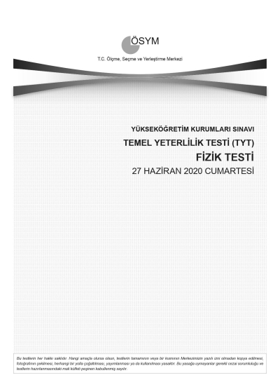 FİZİK SON 11 YIL ÇIKMIŞ SORULAR (TYT) (2020 DAHİL) Zeta Fotokopi