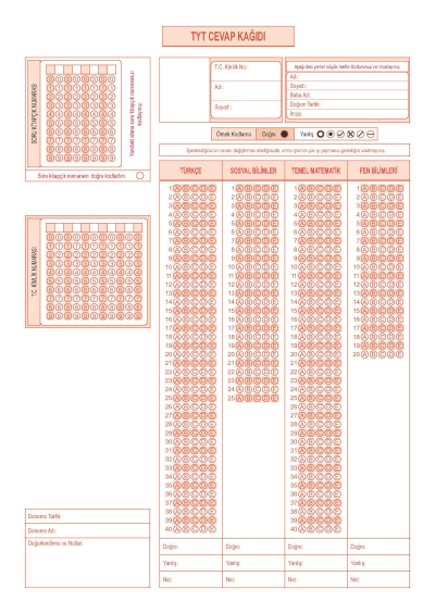 50'Lİ OPTİK FORM RENKLİ A4 ŞEKLİNDE Zeta Fotokopi