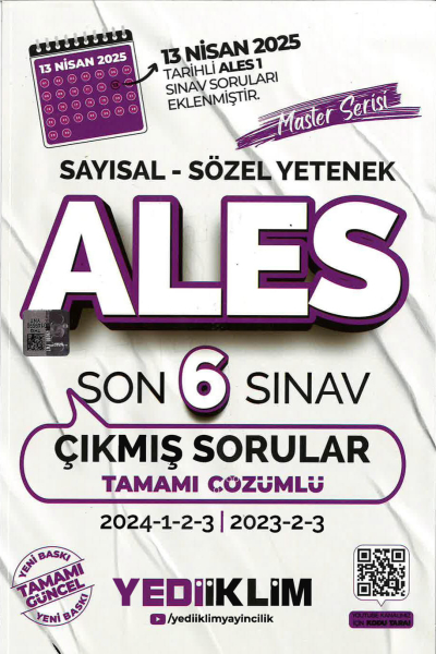 ALES Master Serisi Sayısal Sözel Yetenek Tamamı Çözümlü Son 6 Sınav Çıkmış Sorular Yediiklim Yayınları (2023-2024) Zeta Fotokopi