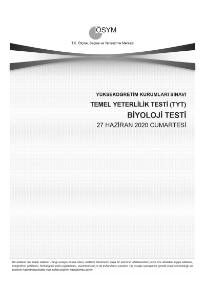 BİYOLOJİ SON 11 YIL ÇIKMIŞ SORULAR (TYT) (2020 DAHİL) Zeta Fotokopi