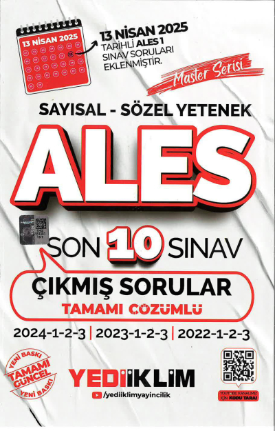2025 ALES Master Serisi Sayısal Sözel Yetenek Tamamı Çözümlü Son 10 Sınav Çıkmış Sorular Yediiklim Yayınları (2022-2023-2024) Zeta Fotokopi