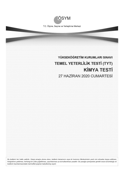 KİMYA SON 11 YIL ÇIKMIŞ SORULAR (TYT) (2020 DAHİL)